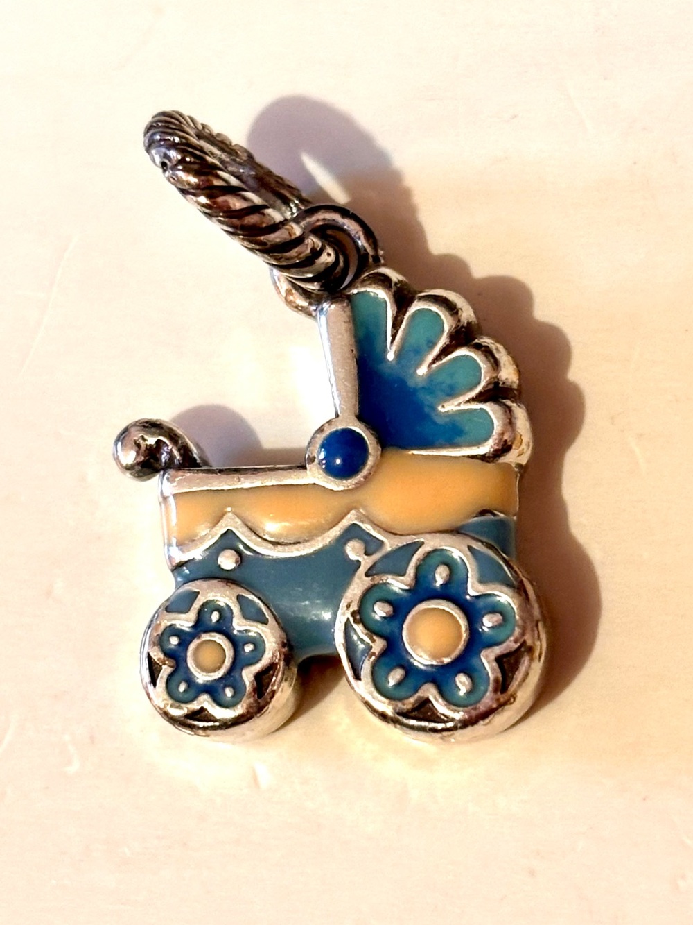 🆕Listing! Brighton Baby Carriage charm Enamel yellow & blue baby buggy Retired